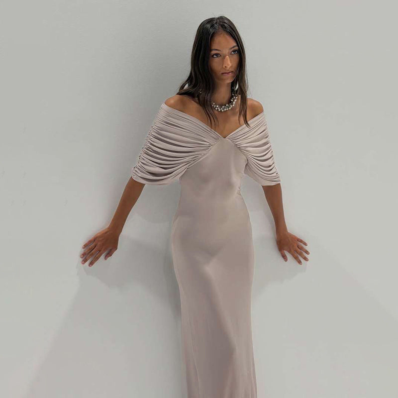 off Neck Sleeve Slim Solid Color Maxi Dress