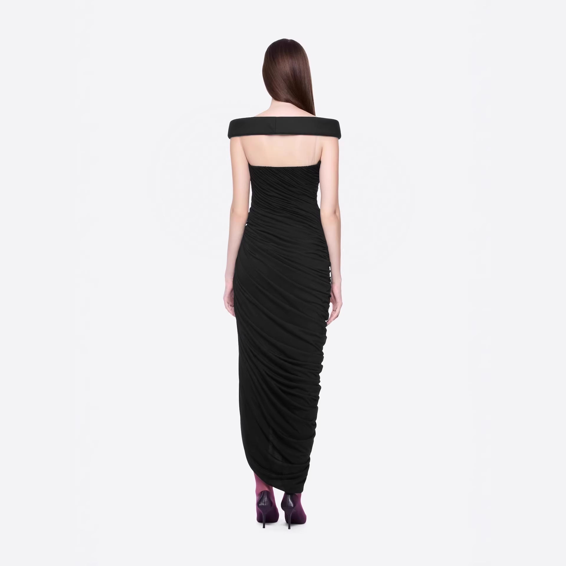 Sexy off the Shoulder Side Slit Draping Effect Pleated Slim Fit Dinner Birthday Party Dress
