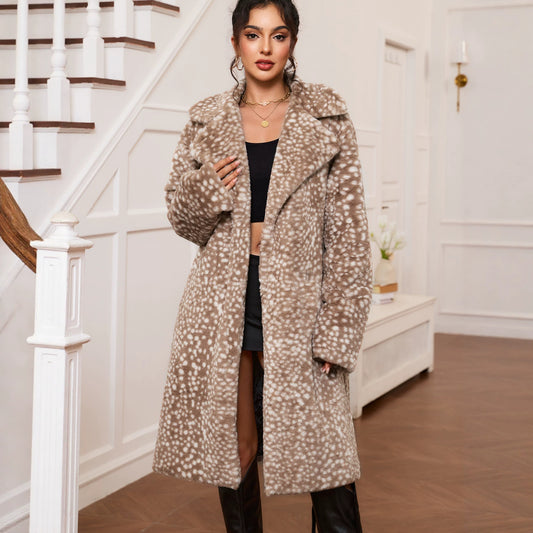 Christmas Deer Faux Fur Plush Collared Coat Long