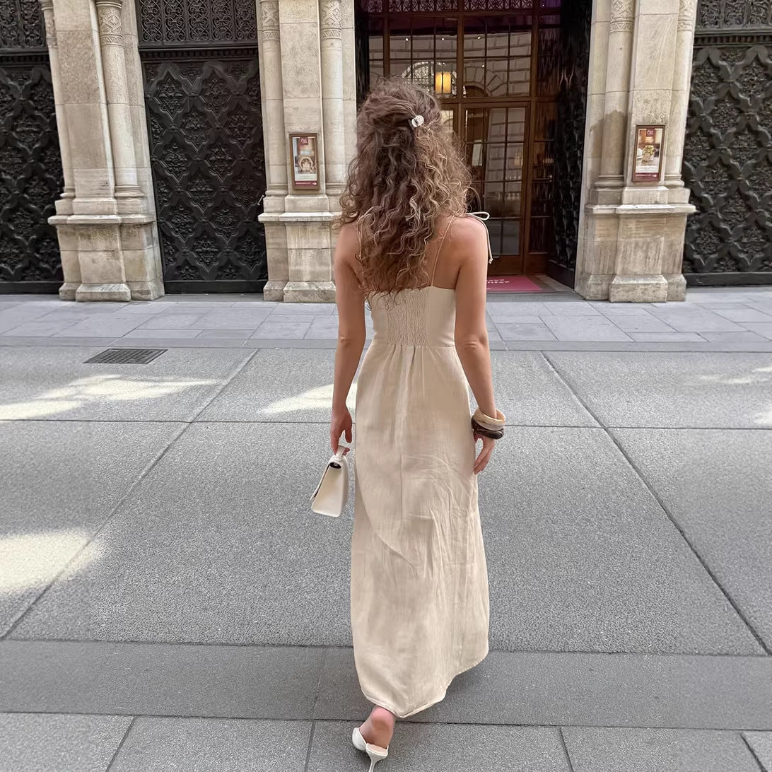 Summer Khaki Cotton Linen Split Suspender Sexy Slim Dress