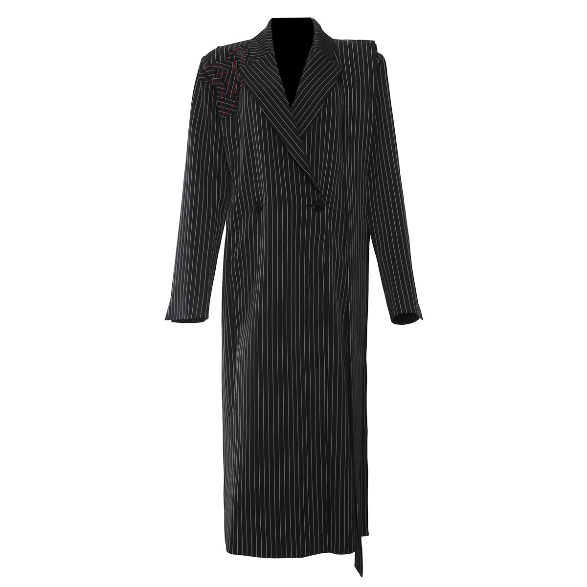 Autumn Winter Striped Stitching Irregular Asymmetric Ribbon Handmade Floral Long Blazer Trench Coat