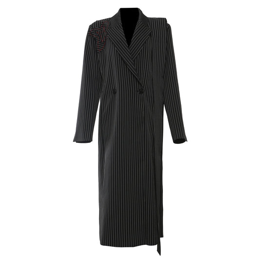 Autumn Winter Striped Stitching Irregular Asymmetric Ribbon Handmade Floral Long Blazer Trench Coat