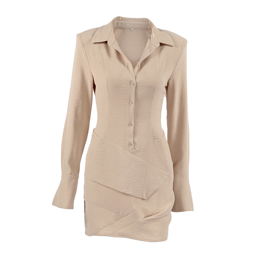 Texture Wrinkle Long Sleeve Waist Tight Idle Khaki Pleated Hip Dress