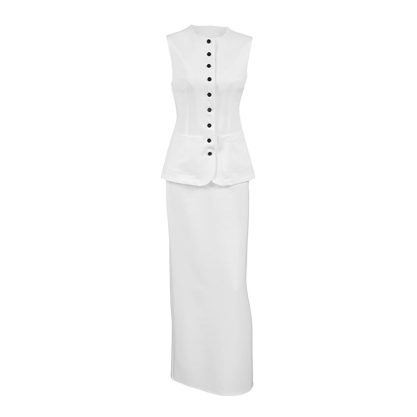 White Casual Set Fitted Waist Vest Split Straight Skirt Two Piece Set