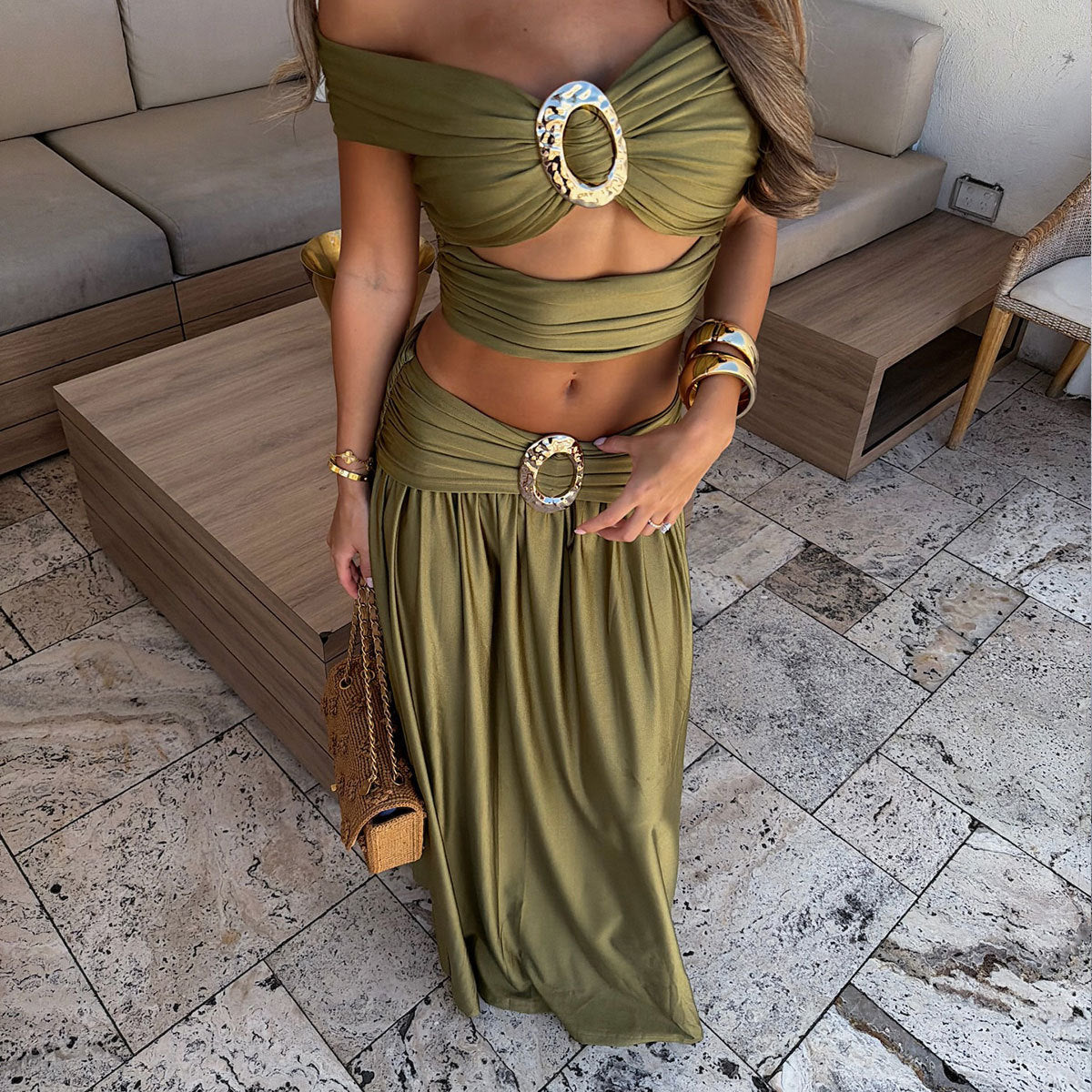 Solid Color Tube Top Sexy off the Shoulder Split Swimsuit Bikini Skirt Set