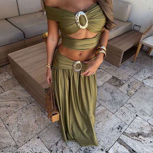 Solid Color Tube Top Sexy off the Shoulder Split Swimsuit Bikini Skirt Set