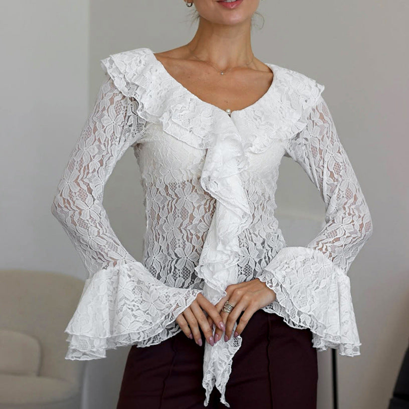 Lace Knitted Sheer Cutout Long Sleeved T shirt Top