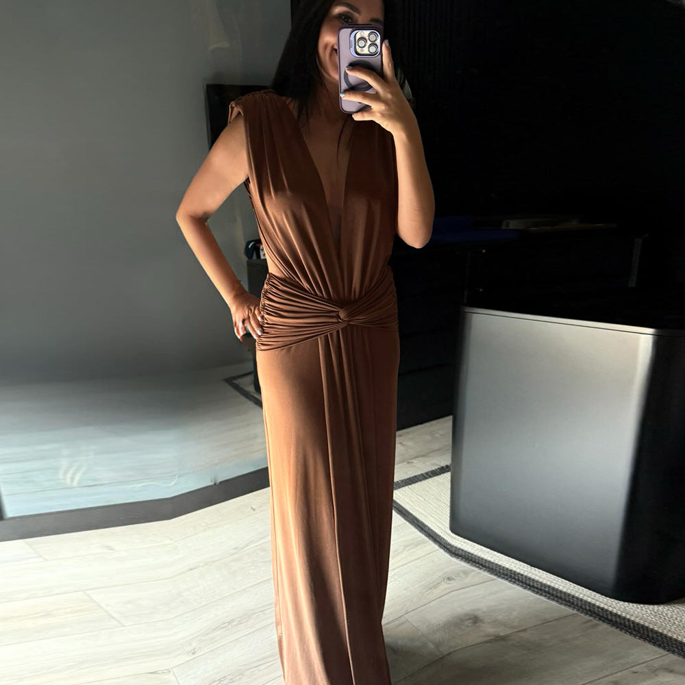 Brown Twisted Pleated Sleeveless Deep V Plunge Hip