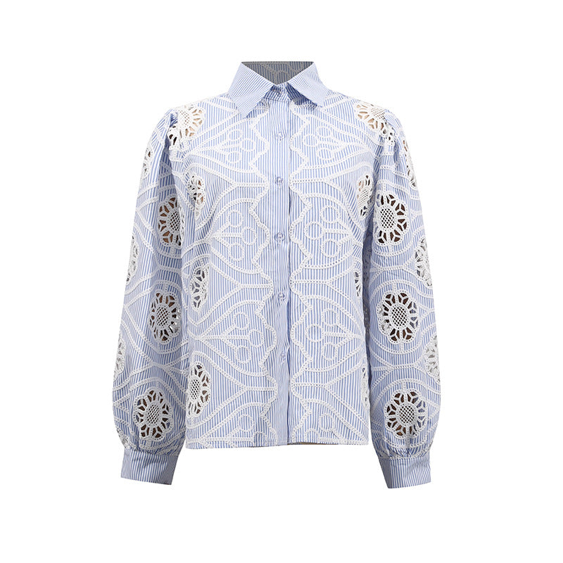 Casual Top for Women Autumn Dignified Hollow Out Cutout Design Collared Long Sleeve Shirt