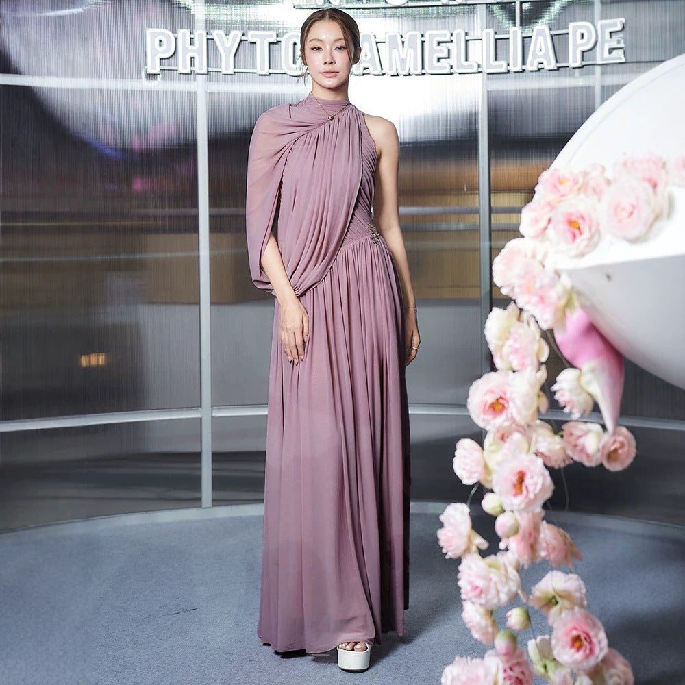 One Shoulder Pinch Pleated Ribbon Vietnam Pleated Hip