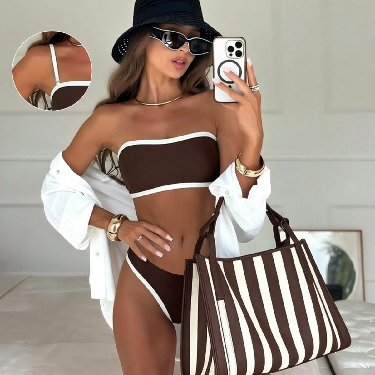 Contrast Color Bikini Detachable Shoulder Strap Tube Top Two Wear Low Waist Split Sexy Vacation Swimsuit