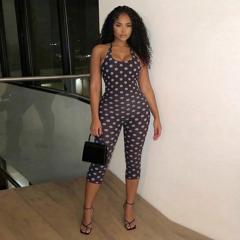 Polka Dot Print Sleeveless Halter Tied Slim Fit Cropped Jumpsuit