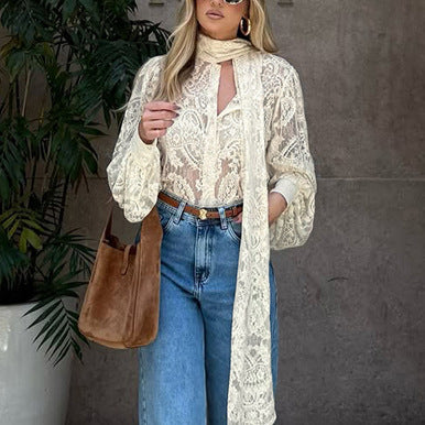 See through Apricot Lace Hollow Out Cutout out Office Long Sleeve Shirt