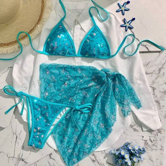 Blue Sequined Spaghetti Strap Halter Sexy Beach Three Piece BikiniSwimsuit
