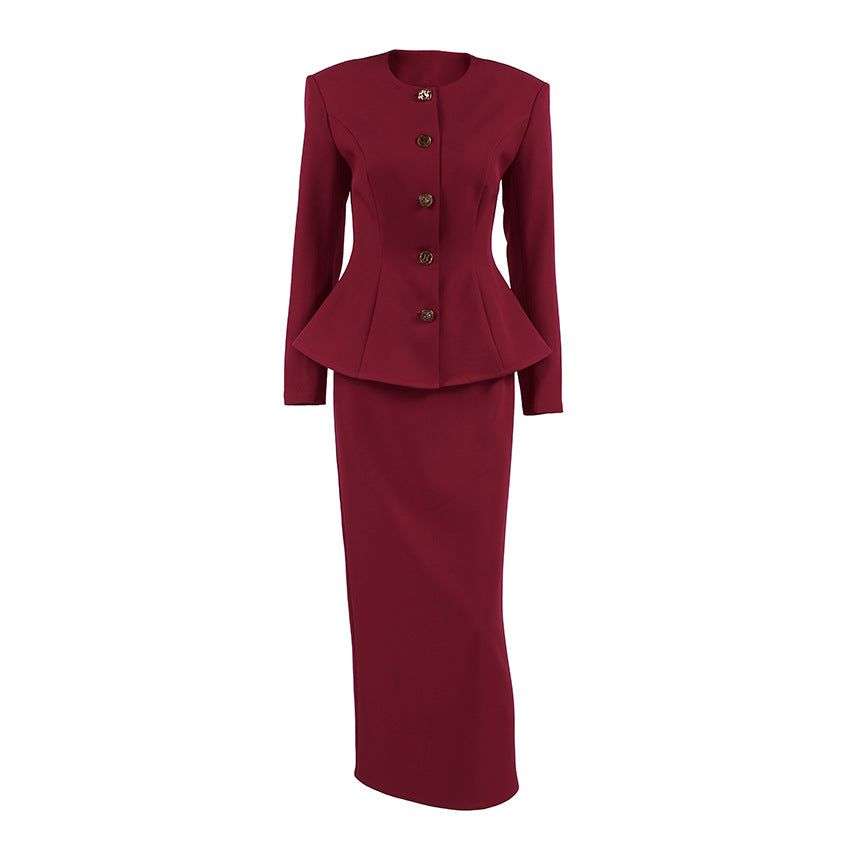 Red round Neck Long Sleeve Waist Blazer Split Skirt Two Piece Set