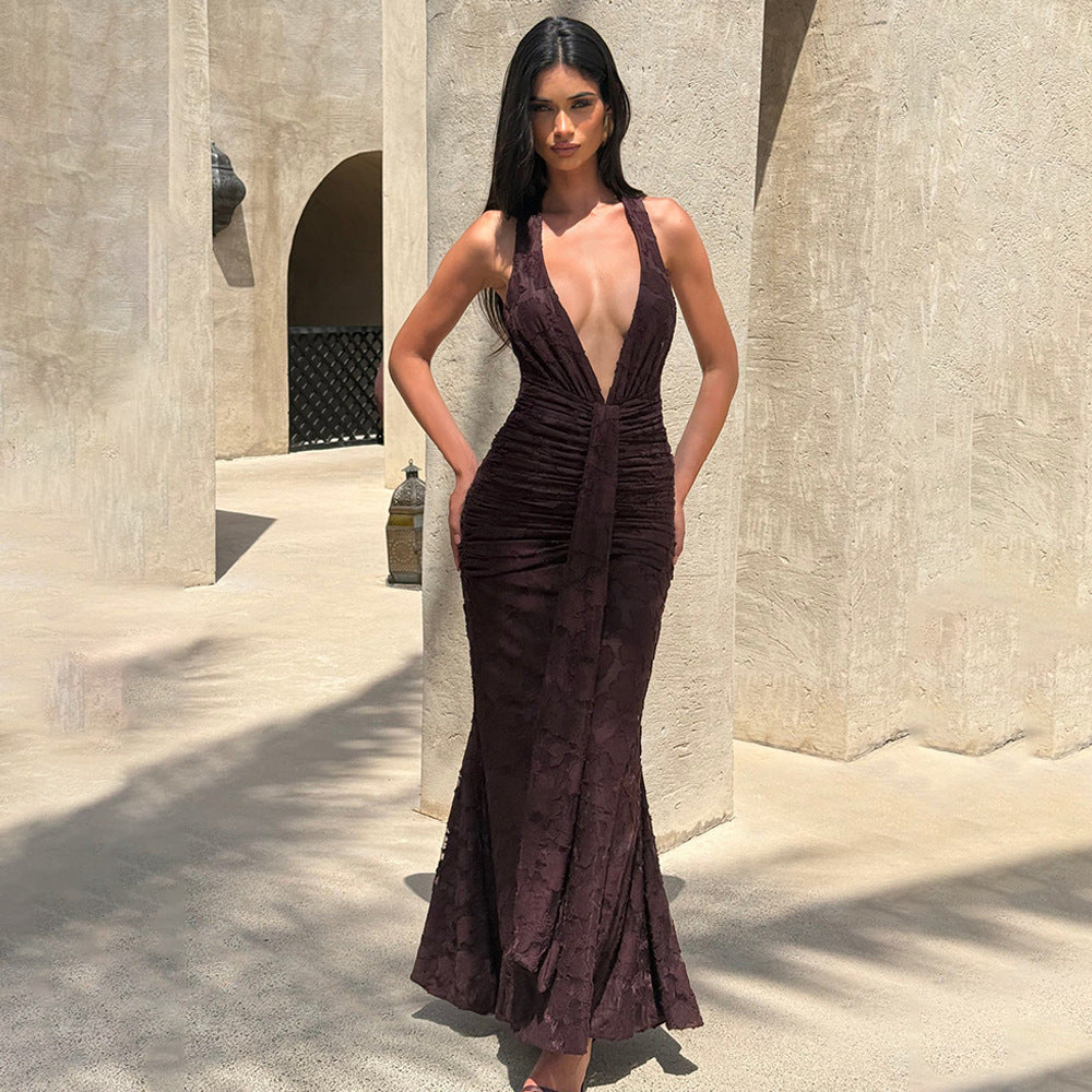 Backless Lace Pleated Maxi Dress