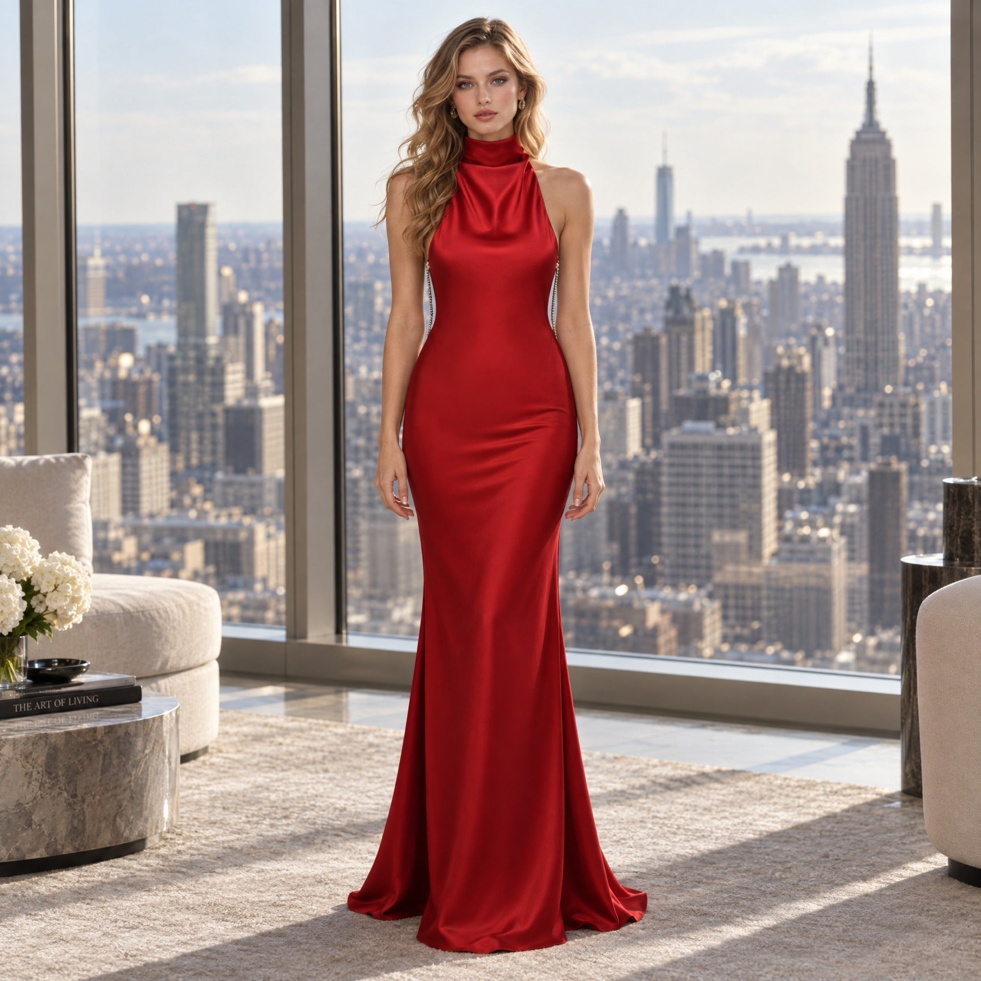 Halter Black Satin Evening Dress Pearl Chain Bare Back