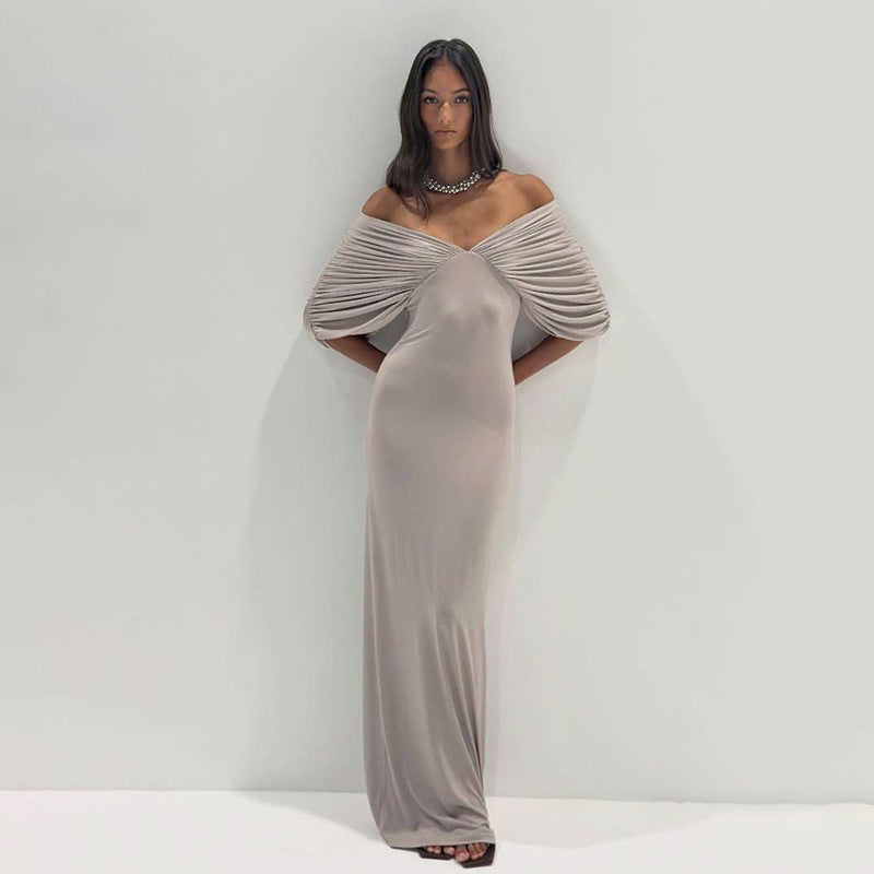 off Neck Sleeve Slim Solid Color Maxi Dress
