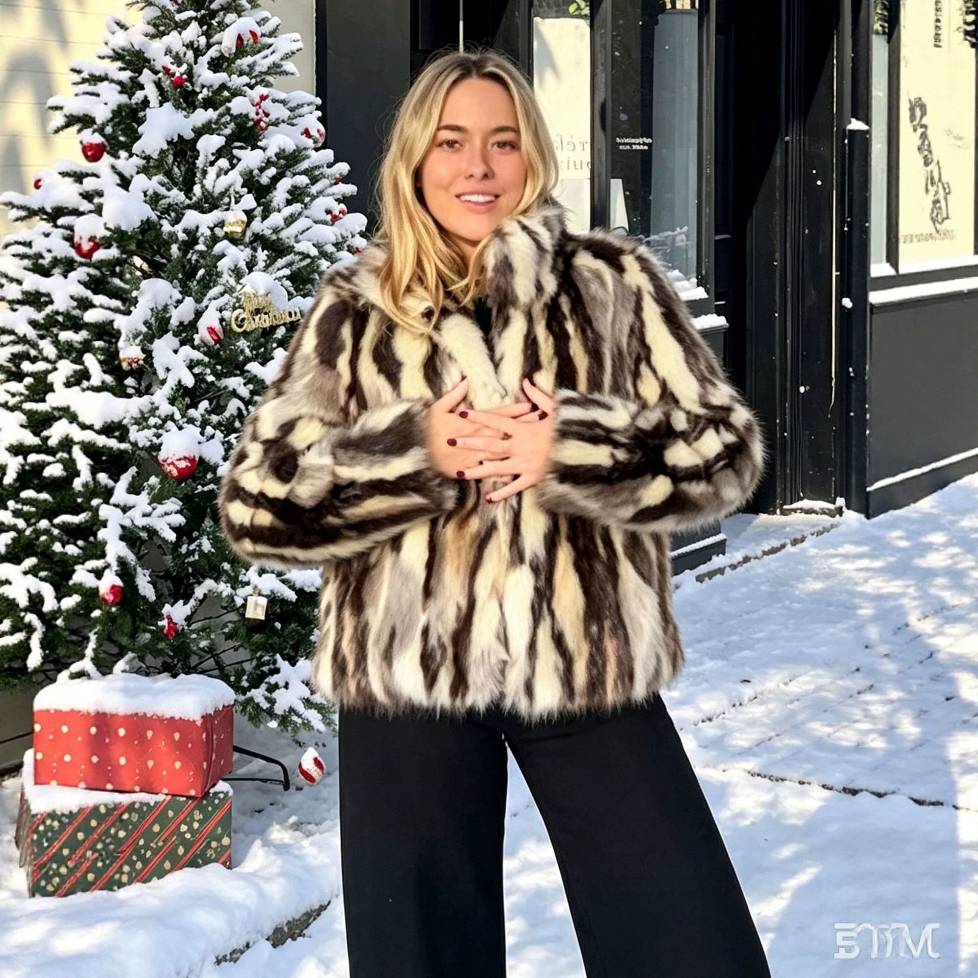 Artificial Fur Jacket Black White Top Fuzzy Coats