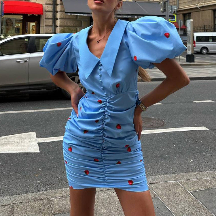 Summer Printed Short Dress Collared Puff Sleeve Pleated Hip