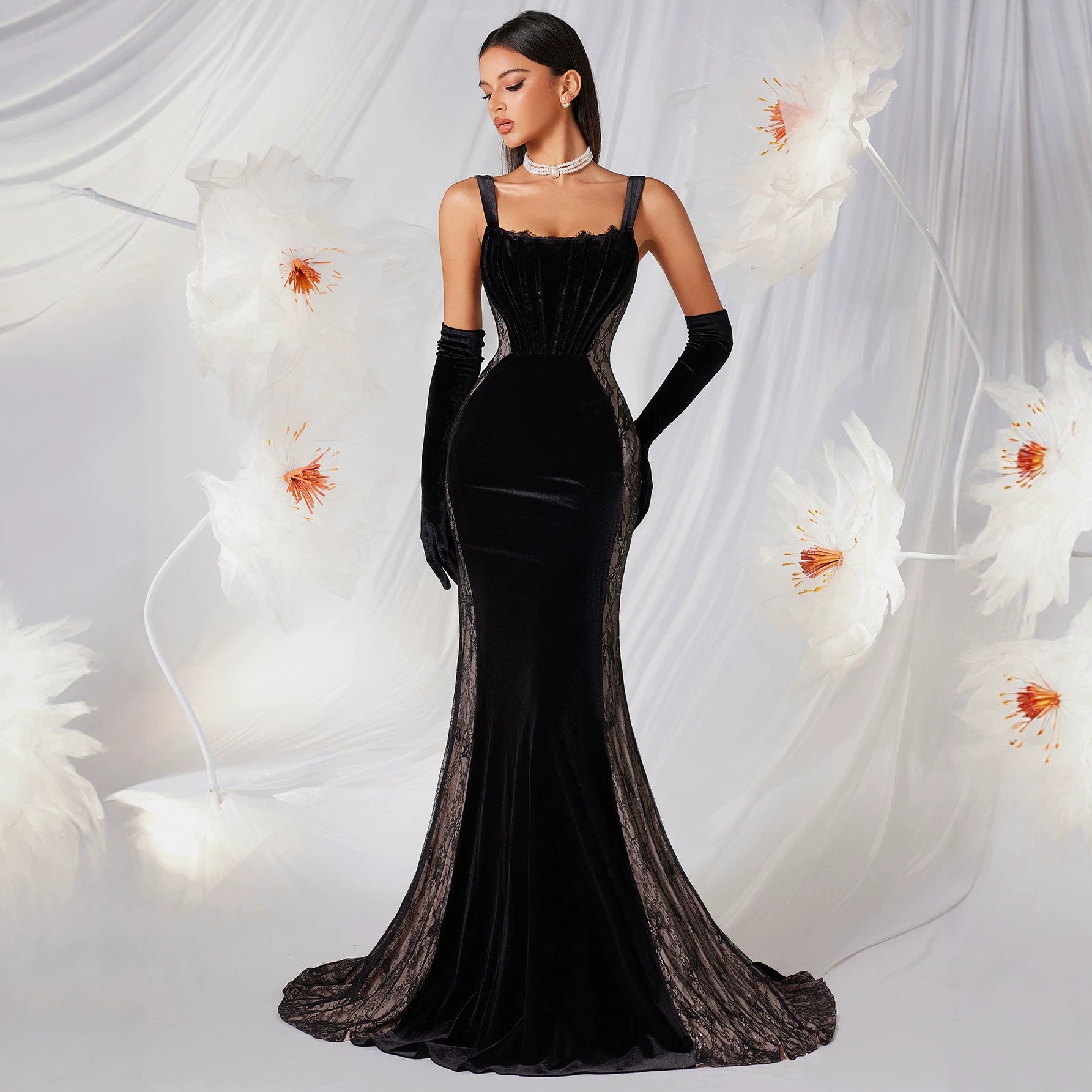 Black Velvet Lace Fishtail Evening Dress Sling Boning Corset Slim Fit Cocktail Annual Meeting Host Long Tail Dress