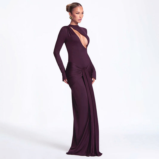 Solid Color Sexy Slim Chest Hollow Out Cutout Sheath Tied Dress