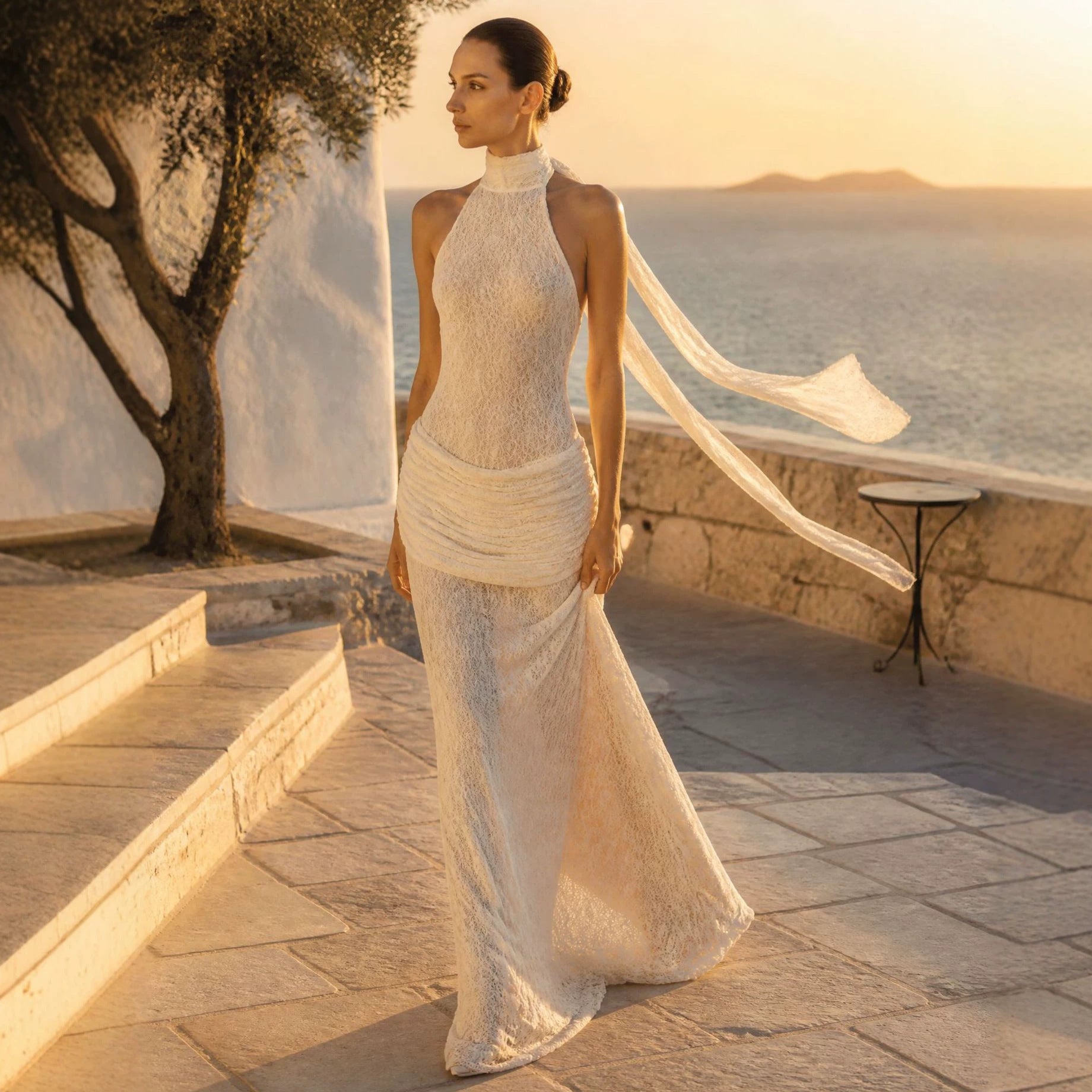 Halter Ribbon Evening Dress Bare Back Slimming Shaping