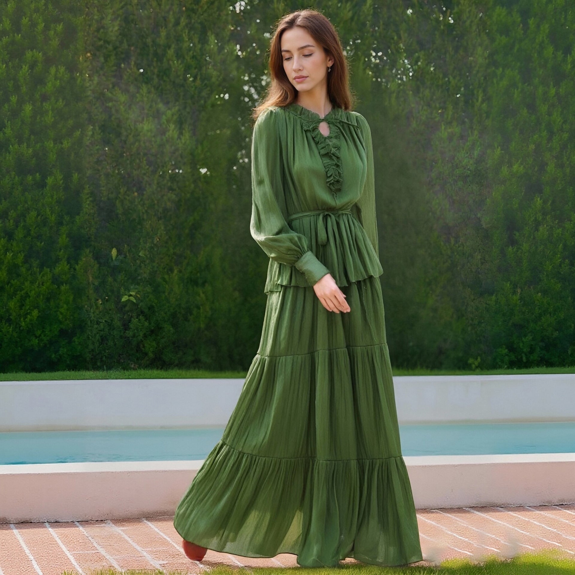 Long Sleeve Tight Waist Solid Color Dress Spring Elegant High Sense Dress Women