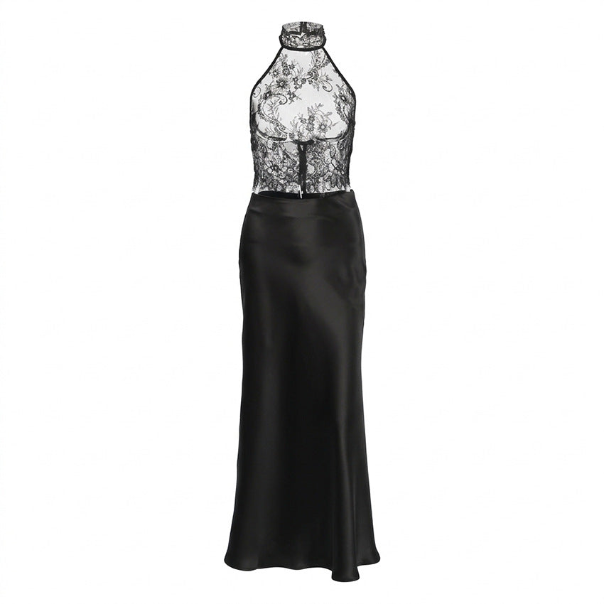 Black Lace See through Halterneck Vest Satin High Waist Skirt Two Piece Set