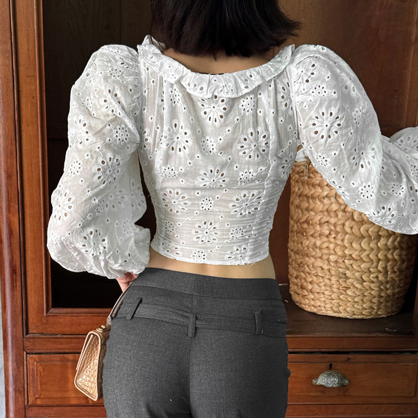 Pure Cotton Embroidery Hollow Out Cutout Puff Sleeve Sexy V neck top
