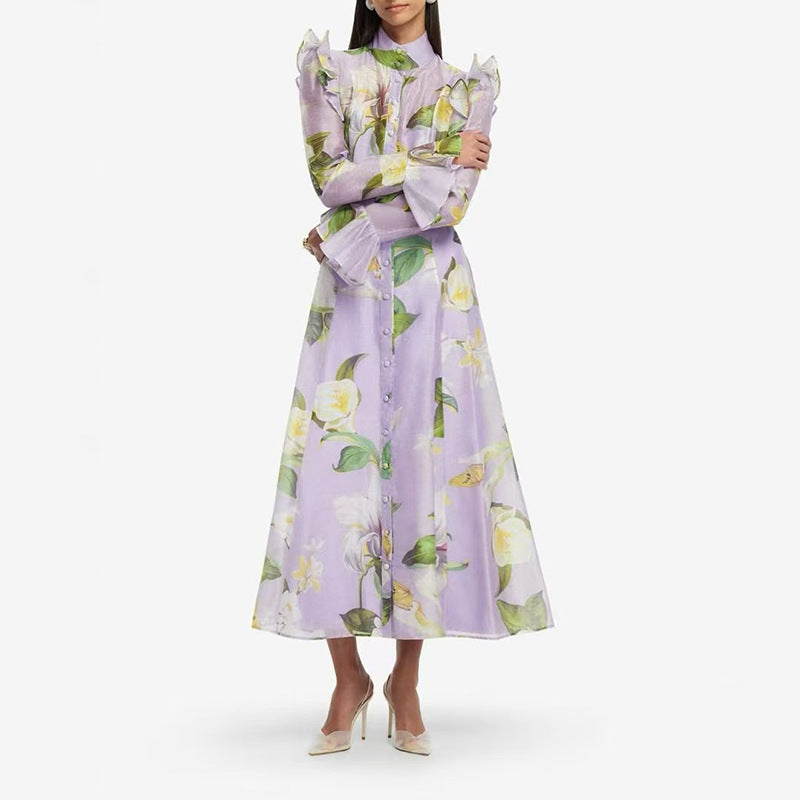 French Stand Collar Single Breasted Belt Ruffled Flared Sleeve Dress