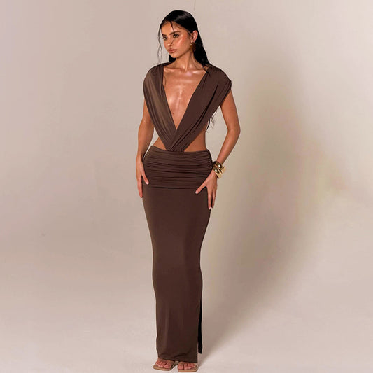 Solid Color Casual Sleeveless Halter Backless Slim Fit Sheath Maxi Dress