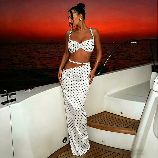 Polka Dot Print Backless Small Sling Slim Sheath Skirt Two Piece Sets