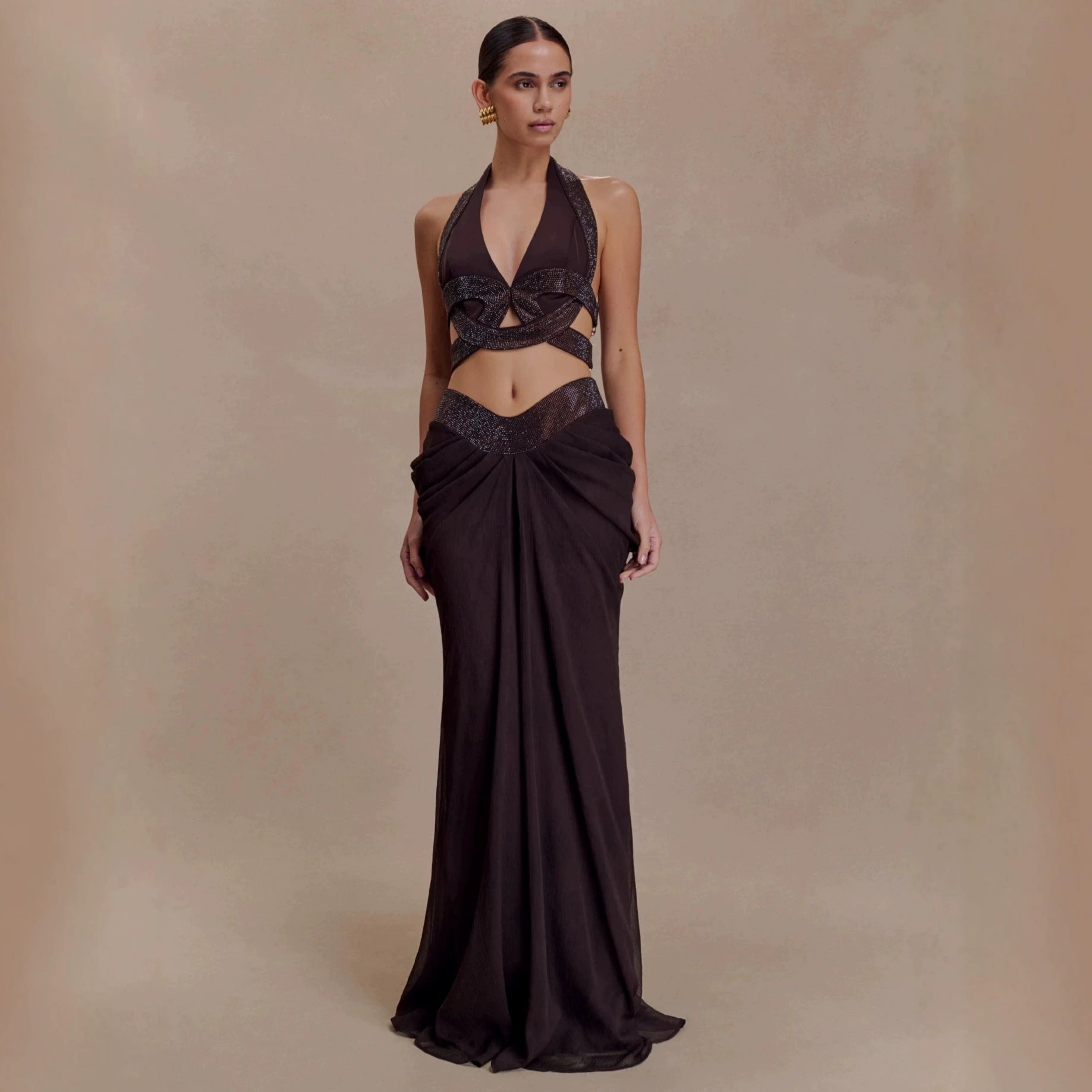 Black Halter Cropped Outfit Pleated Floor Length Dress