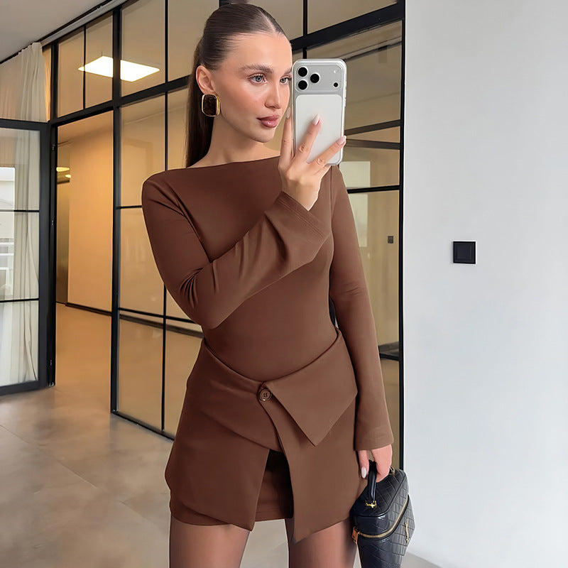 Micro Pull Long Sleeve Short Dress Fold Button Two Piece Overskirt Set