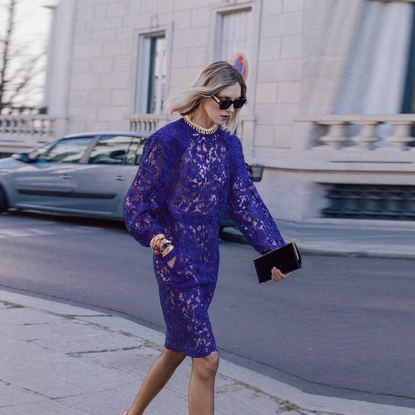 Hollow Out Cutout out Royal Blue Lace Dress Padded Shoulder Long Sleeve Slim Fit Slit Hip