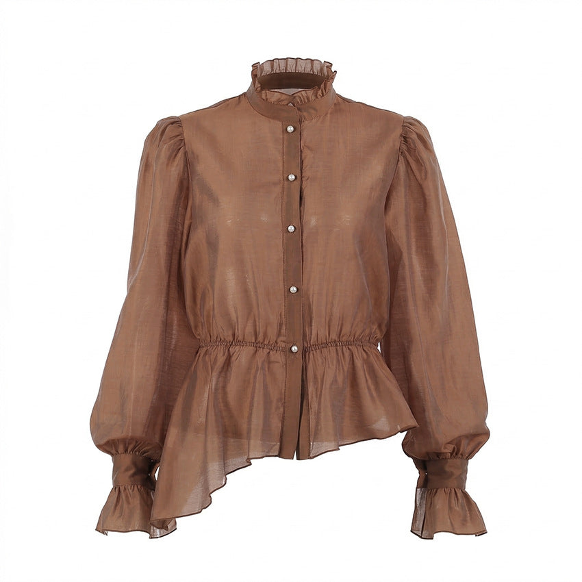 French Gentle Tencel Long Sleeve Waist Tight Puff Sleeve Top Blouse