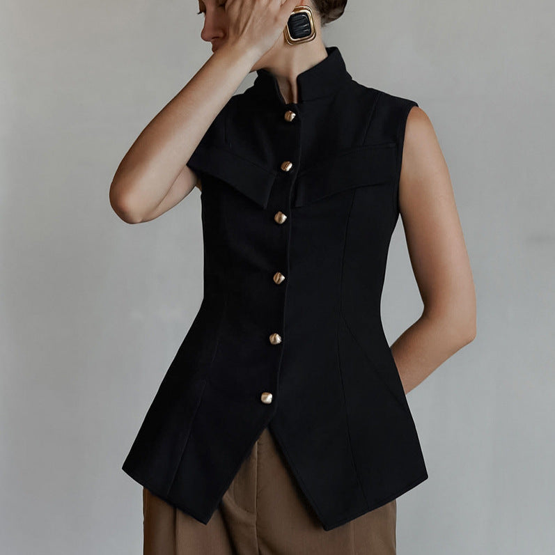 Stand Collar Breasted Sleeveless Waist Split Top Vest