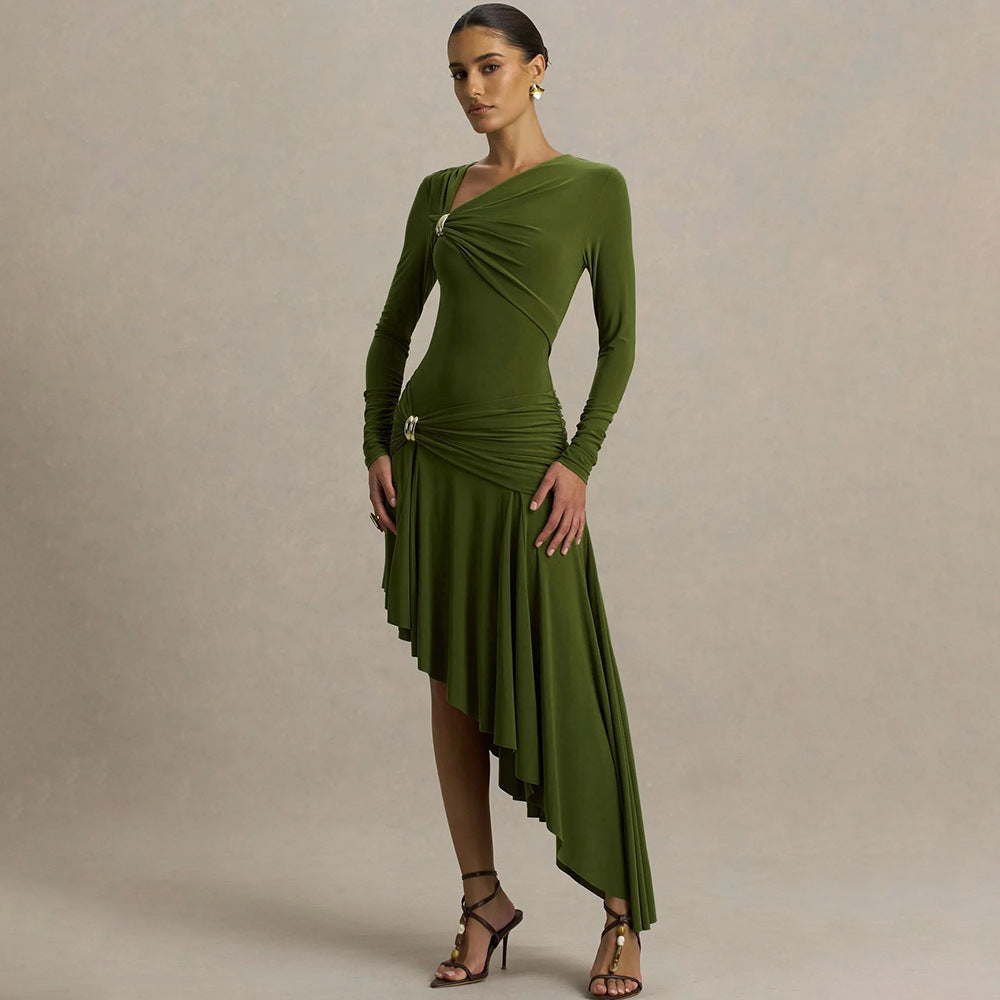 Pleated Asymmetric Maxi Dress
