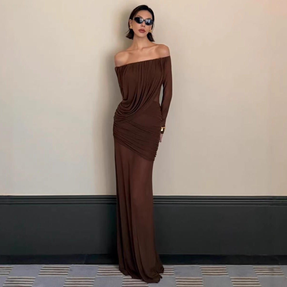 Spring Summer Vietnam Niche Maillard off Shoulder Shoulder Baring Mesh Dress Elegant Birthday Dress