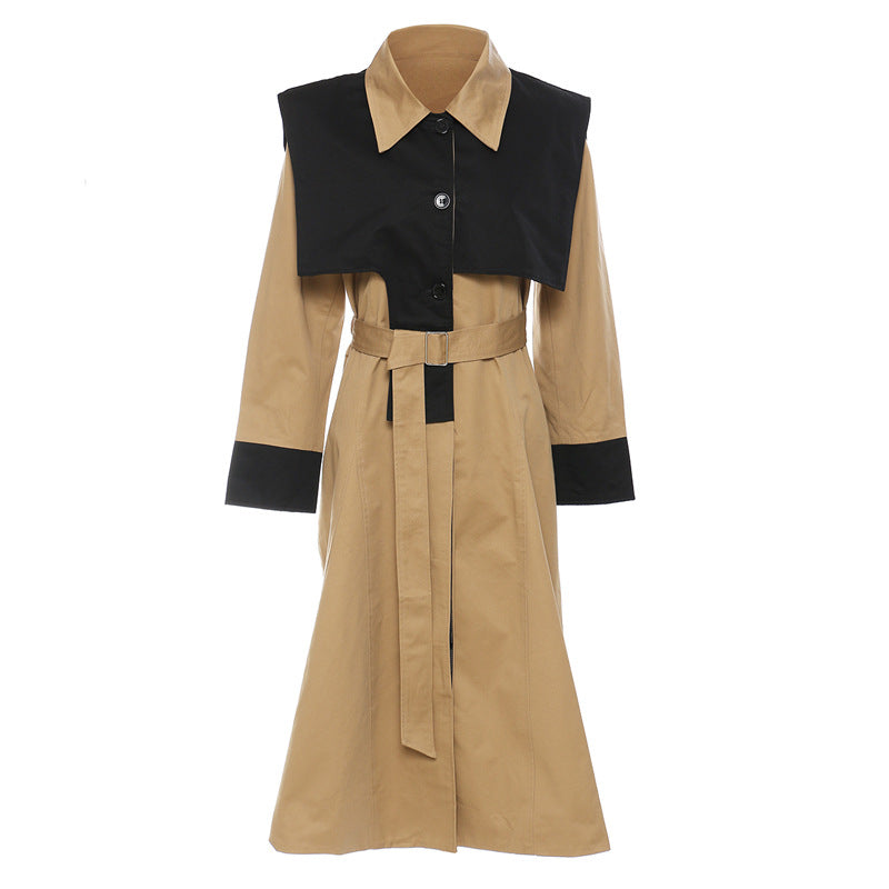 Shawl Irregular Asymmetric Cutting Stitching Contrast Colors False Two Piece Trench Coat Overcoat Coat