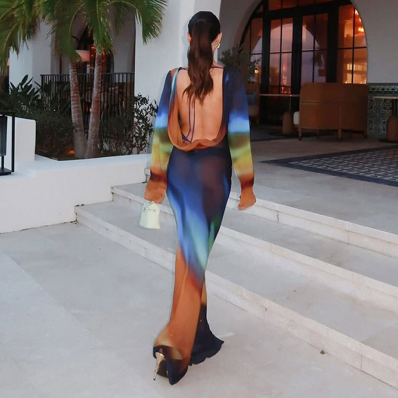 Printed Mesh Long Sleeve Bare Back Tied Slim Fit Dress