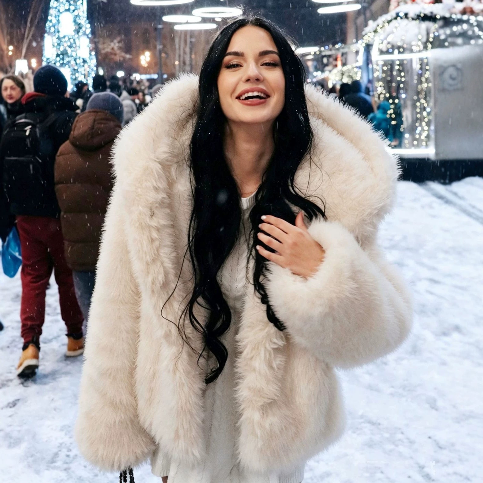 Eco Friendly Fur Hooded Jacket Faux Fur Warm Fur