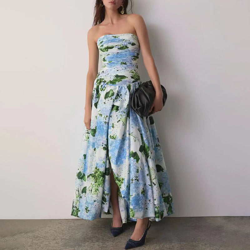 Fresh Printed Sleeveless Tube Top Tight Waist Slimming Slit Maxi Dress