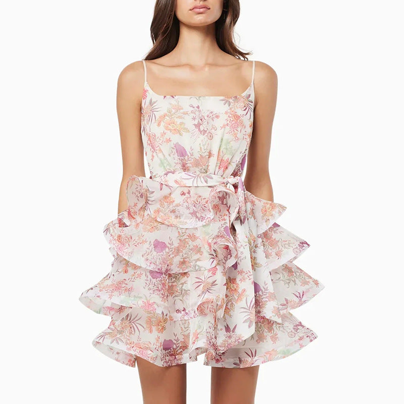 French Ruffled Floral Slip Lace up Waist Controlled Short Dress