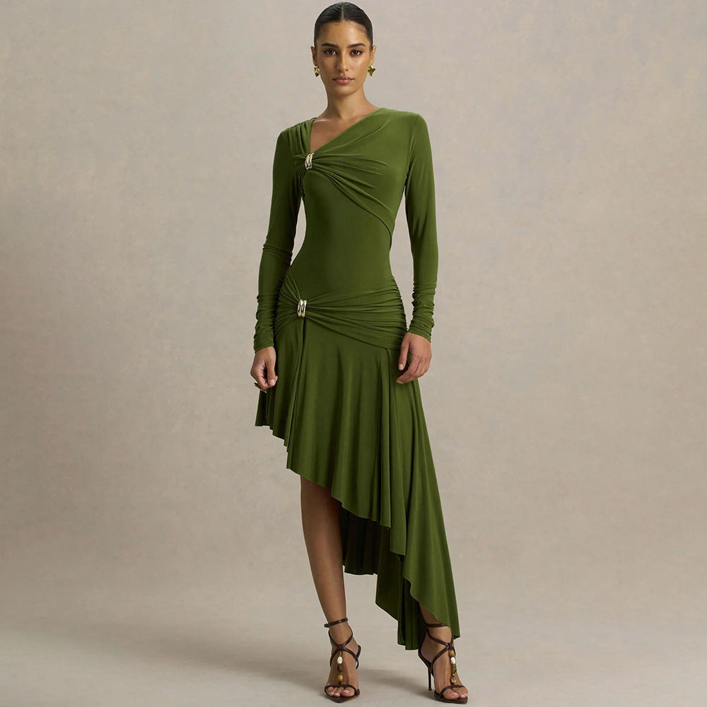 Pleated Asymmetric Maxi Dress