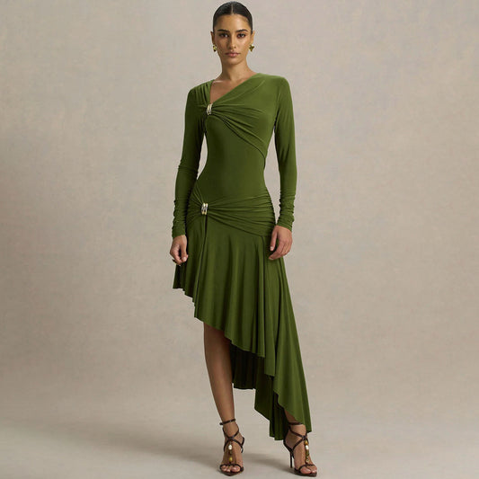 Pleated Asymmetric Maxi Dress