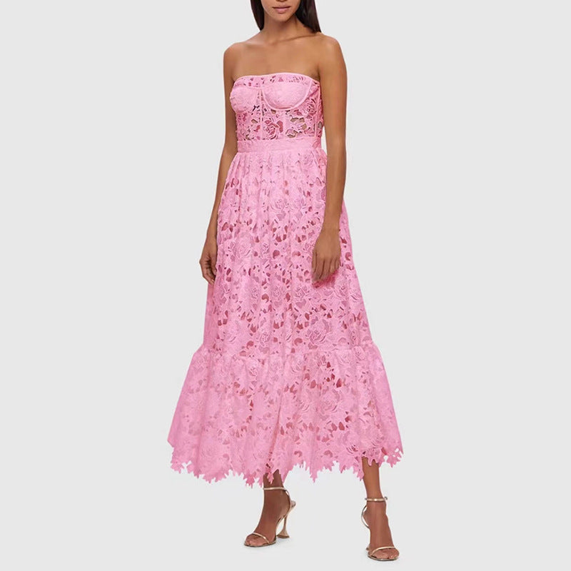 Elegant Solid Color Tube Top Maxi Dress Niche Design Embroidered Crocheted Waist Slimming Dress for Women