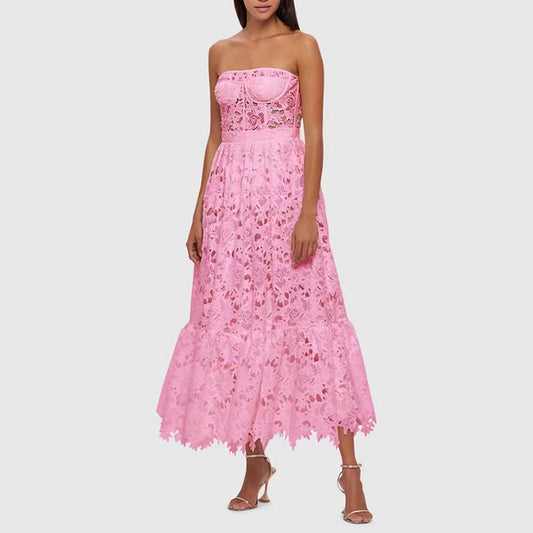 Elegant Solid Color Tube Top Maxi Dress Niche Design Embroidered Crocheted Waist Slimming Dress for Women