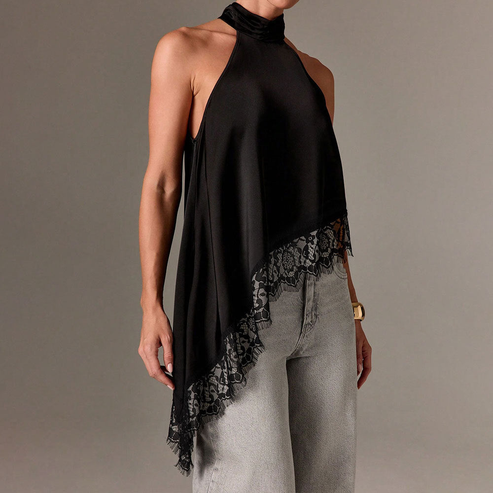 Satin Stitching Lace Vest Halter Sleeveless Small Stand Collar off Shoulder Irregular Asymmetric Top